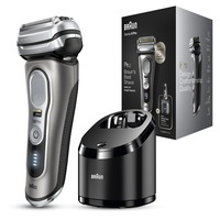 Aparat de ras electric Braun Series 9 Pro 9465cc Wet&Dry, 40.000 de actiuni de taiere, 5 elemente de taiere, Prolift Trimmer, SensoFlex, AutoSense, Statie de incarcare si curatare, Argintiu
