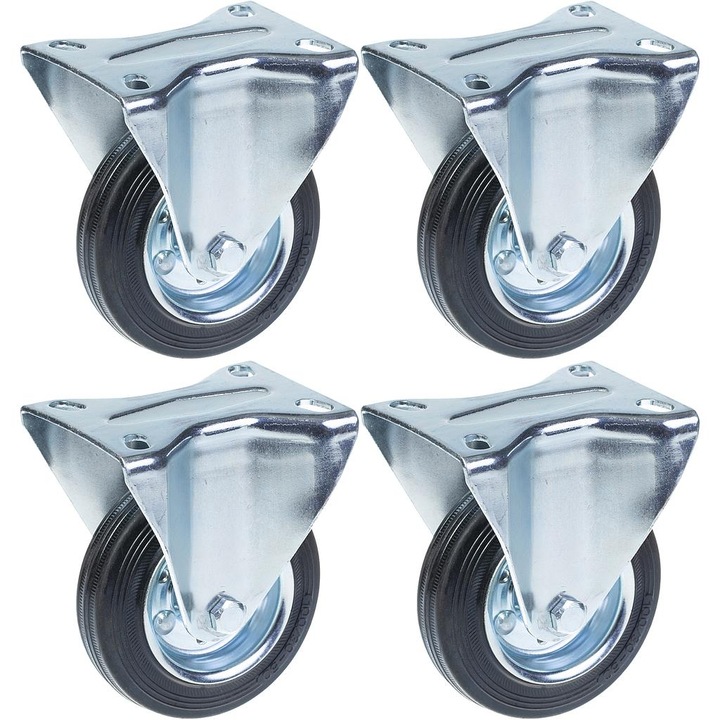 Set 4 roti fixe din cauciuc, Centru din rulment din otel, 360 kg, 100 mm, Negru/Argintiu