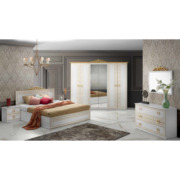 Dormitor Olimp CB Furniture, Alb, Pat 160x200 cm, Dulap, Comoda, 2 Noptiere