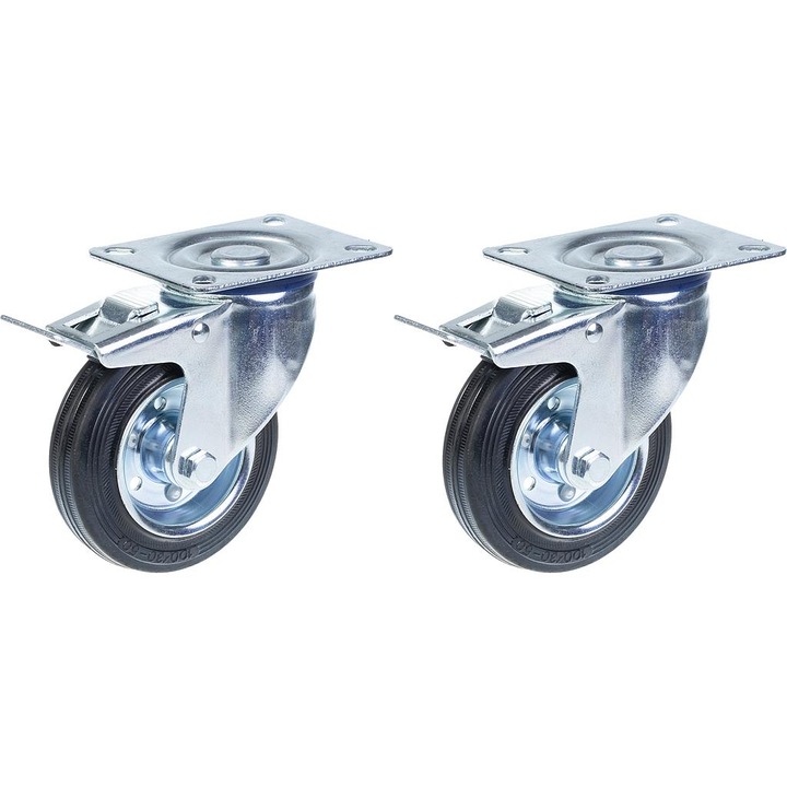 Set 2 roti pivotante din cauciuc, Centru de rulment din otel, 180 kg, 100 mm, Negru/Argintiu