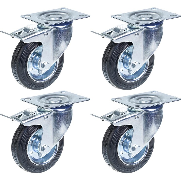Set 4 roti pivotante cu frana din cauciuc, Centru de rulment din otel, 360 kg, 100 mm, Negru/Argintiu