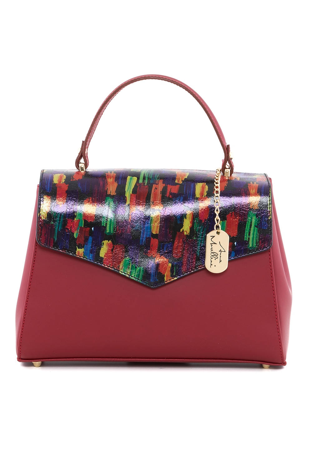 Anna Morellini, Geanta din piele cu bareta de umar si accesoriu logo, Rosu/Verde/Galben