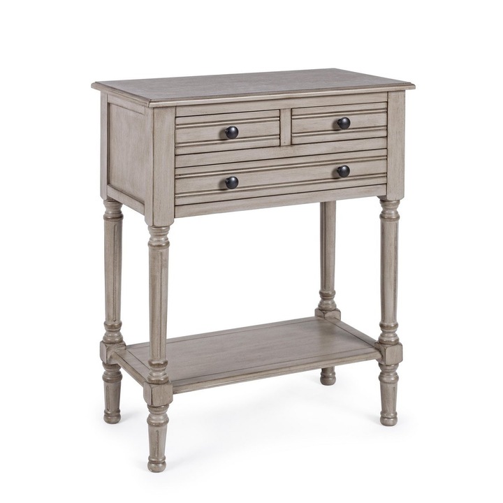 Consola tip Comoda cu 3 Sertare si 1 Polita din Lemn Masiv si MDF Gri Patinat Margaret Bizzotto, Dimensiuni 60x33x78 cm