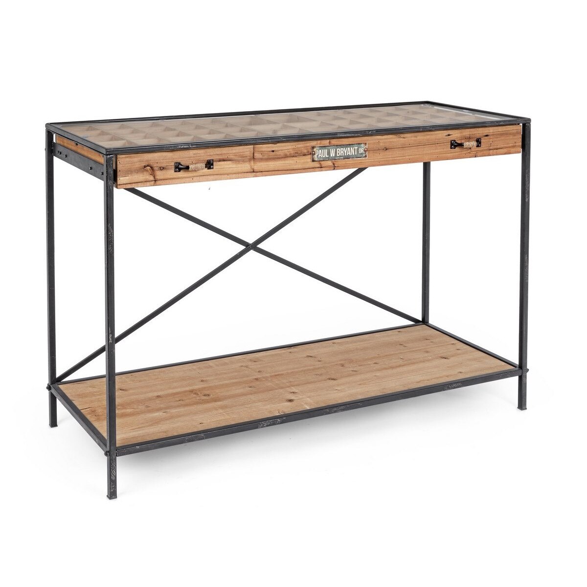 Consola tip expozor compartimentat din lemn natur fier negru si blat sticla 125 cm x 50 cm x 84.5 h