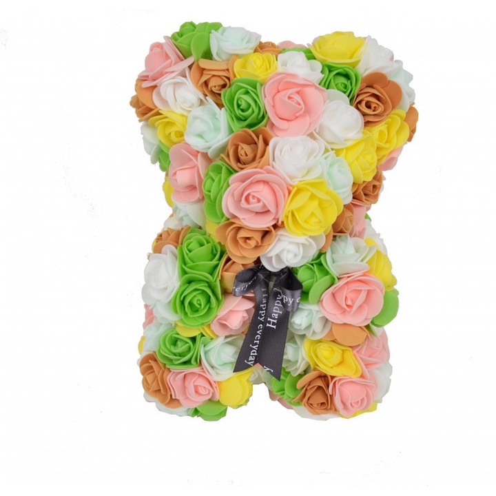 Ursulet floral multicolor, Verde, Somon, Alb din Trandafiri, 25 cm, decorat manual, in cutie decorativa cadou