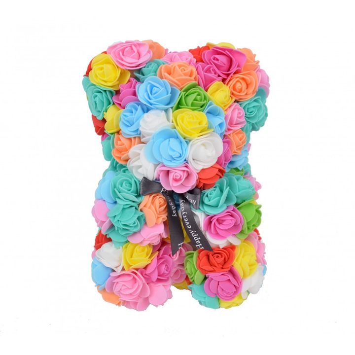 Ursulet floral multicolor, Albastru, Galben, Roz din Trandafiri, 25 cm, decorat manual, in cutie decorativa cadou