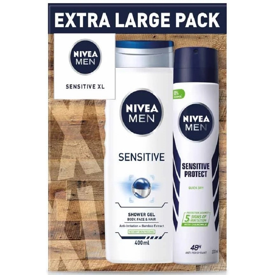 Set 2 Piese Nivea Men, Sensitive XL, 1 x Gel de Dus 400 ml, 1 x Spray Antiperspirant 200 ml