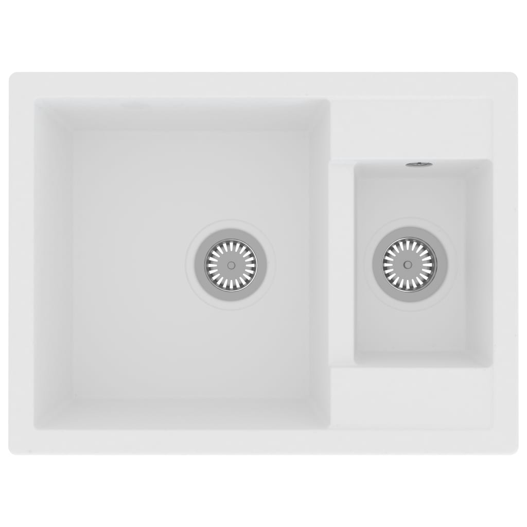 Chiuveta dubla de bucatarie cu orificiu de preaplin, vidaXL, Granit, 58 x 44 x 17,2 cm, Alb