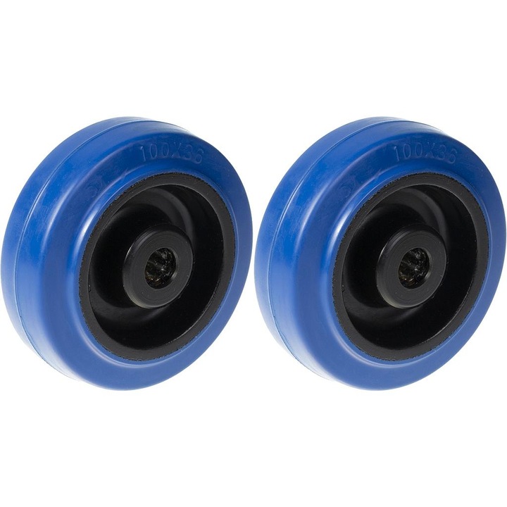Set 2 roti din cauciuc, Centru din nylon cu rulment, 300 kg, 100 mm, Albastru/Negru
