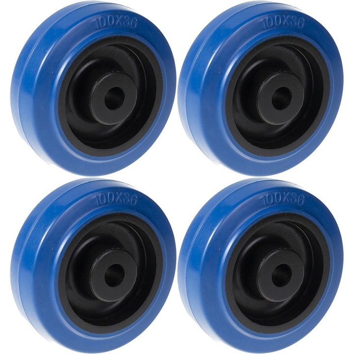 Set 4 roti din cauciuc, Centru din nylon cu rulment, 600 kg, 100 mm, Albastru/Negru