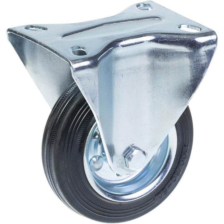 Roata fixa cu cauciuc, Centru de rulment in otel, 90 kg, 100 mm, Negru/Argintiu