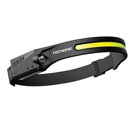 Lanterna de cap LED Techone® GD-LEDB, sursa banda 1 x COB Ultra-Bright, 1 x XPE, profesionala, acumulator, senzor miscare, 4 moduri lumina, lumina laterala, pentru pescuit, vanatoare, munca, negru