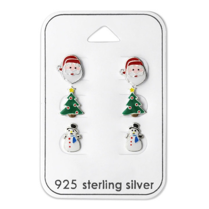 Set 3 Perechi Cercei argint 925 Mos Craciun, Pom Craciun, Om de zapada, Set Argint 925 Boutique23® Cadou Craciun, Ambalaj Cutie Premium, Produs In UE, Certificat Grantie, Argintiu