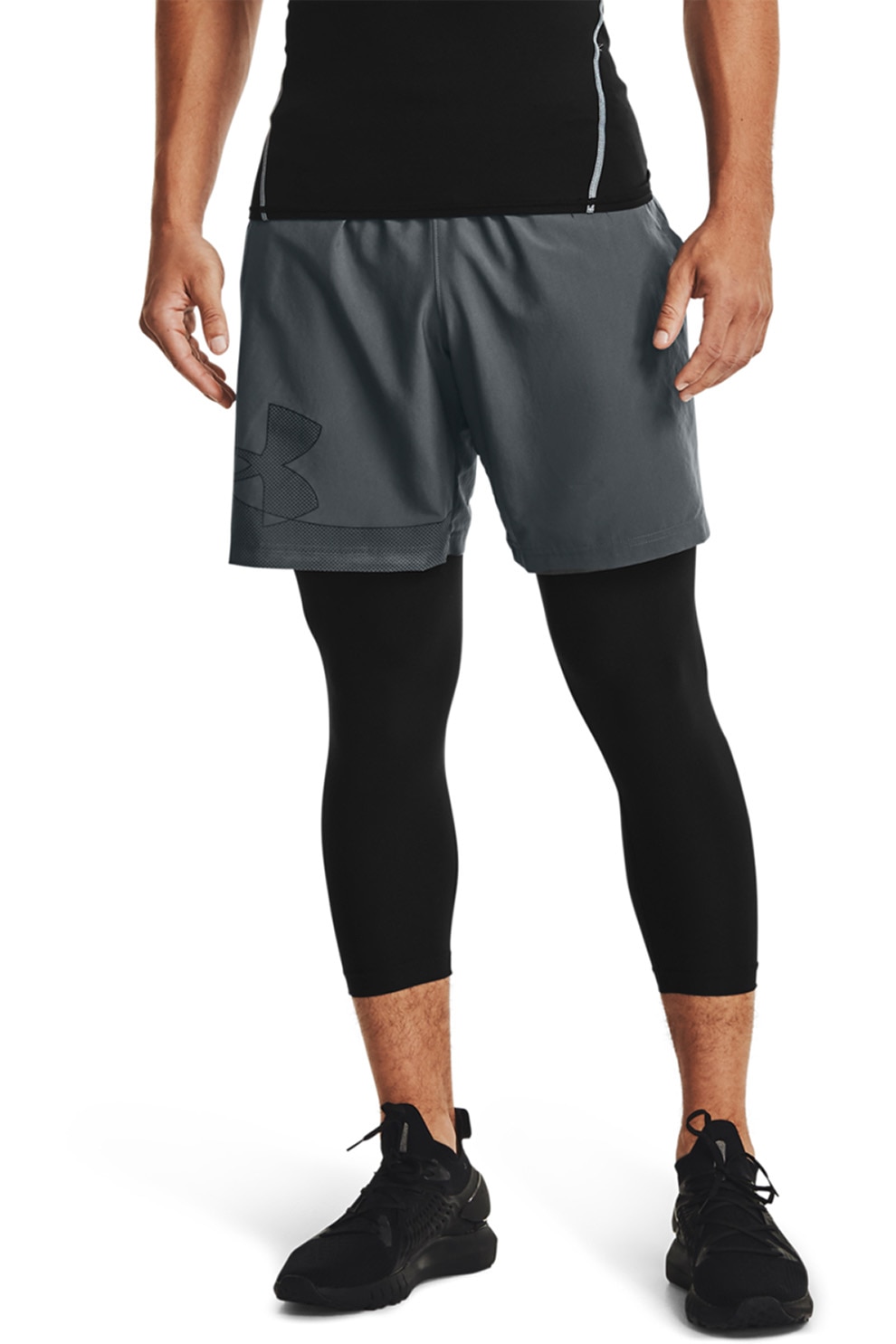 Under Armour, Pantaloni scurti cu model grafic pentru fitness Woven, Gri inchis