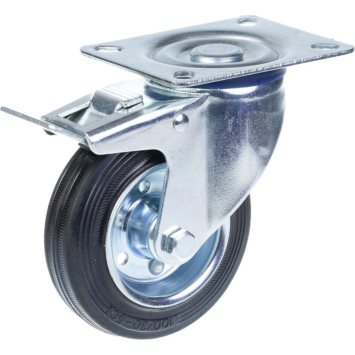 Roata pivotanta cu frana din cauciuc, Centru cu rulment din otel, 90 kg, 100 mm, Argintiu