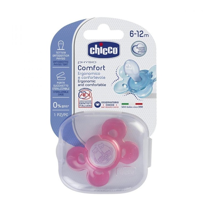 Chicco, Suzeta Phisio Comfort cumi, szilikon, rózsaszín, 6 hónap +