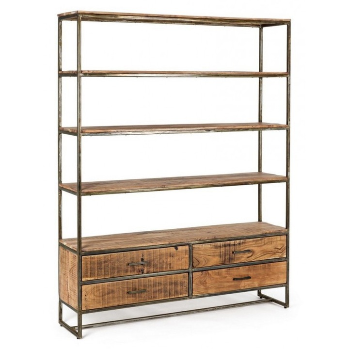 Biblioteca cu 4 polite si 4 sertare din fier gri patinat si lemn maro Elmer 145 cm x 35 cm x 190 h