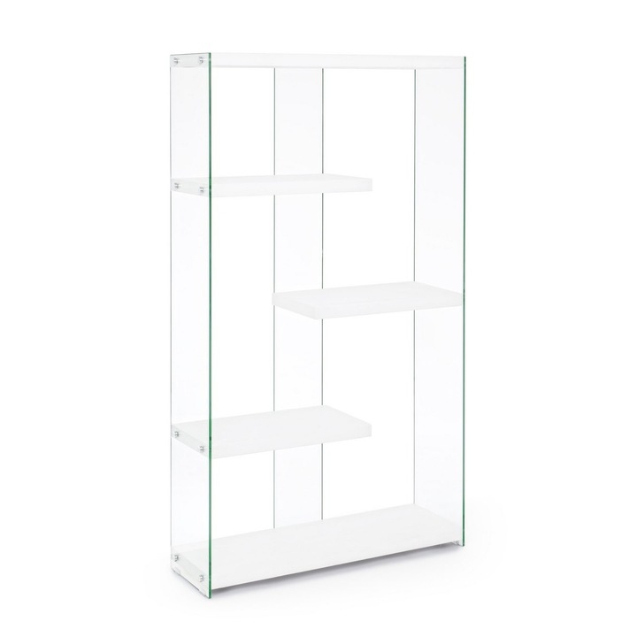 Бяла библиотека от мдф и стъкло 4 рафта Sury 91,5 cm x 30 cm x 160 h