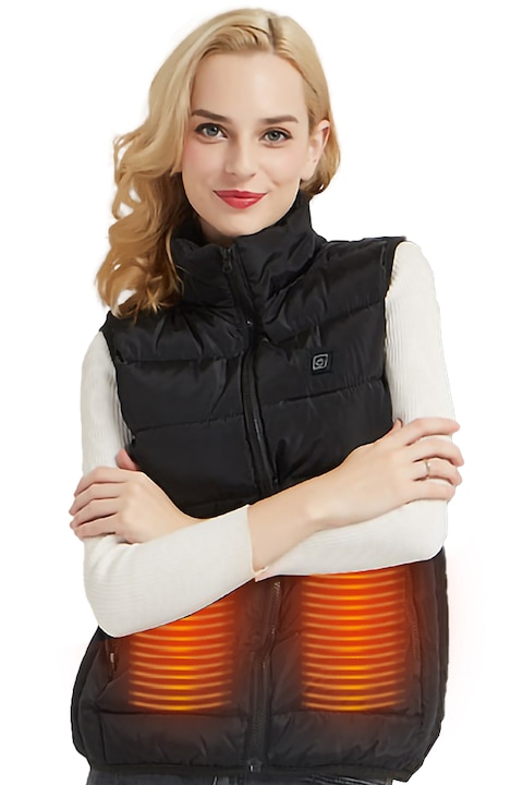 Dollcini, elegáns fűthető női mellény, téli mellény, USB fűtési rendszerrel, Szélálló elektromos szigetelt kabát, Fekete