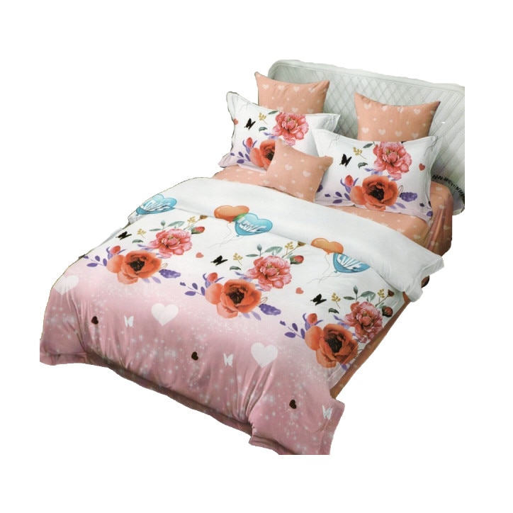 Set Lenjerie de pat dublu, finet, 6 piese, 220x240 cm Ralex Pucioasa, Flori si Inimi M185