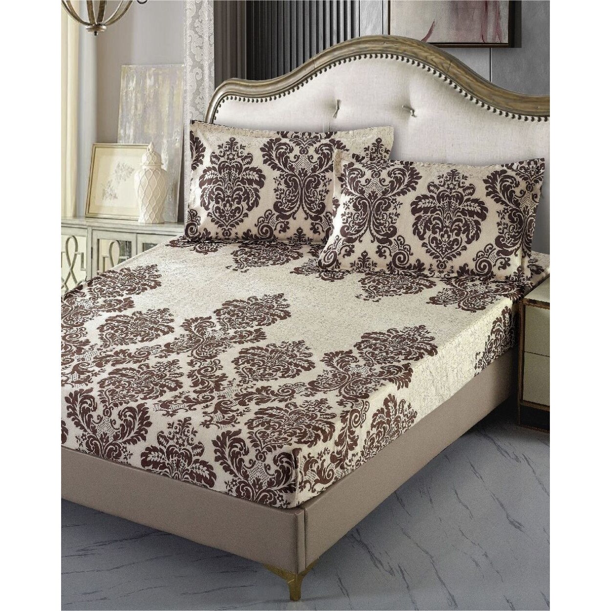 Husa de Pat cu Elastic si 2 Fete de Perne, Finet, Brown Royal, HBFE-08