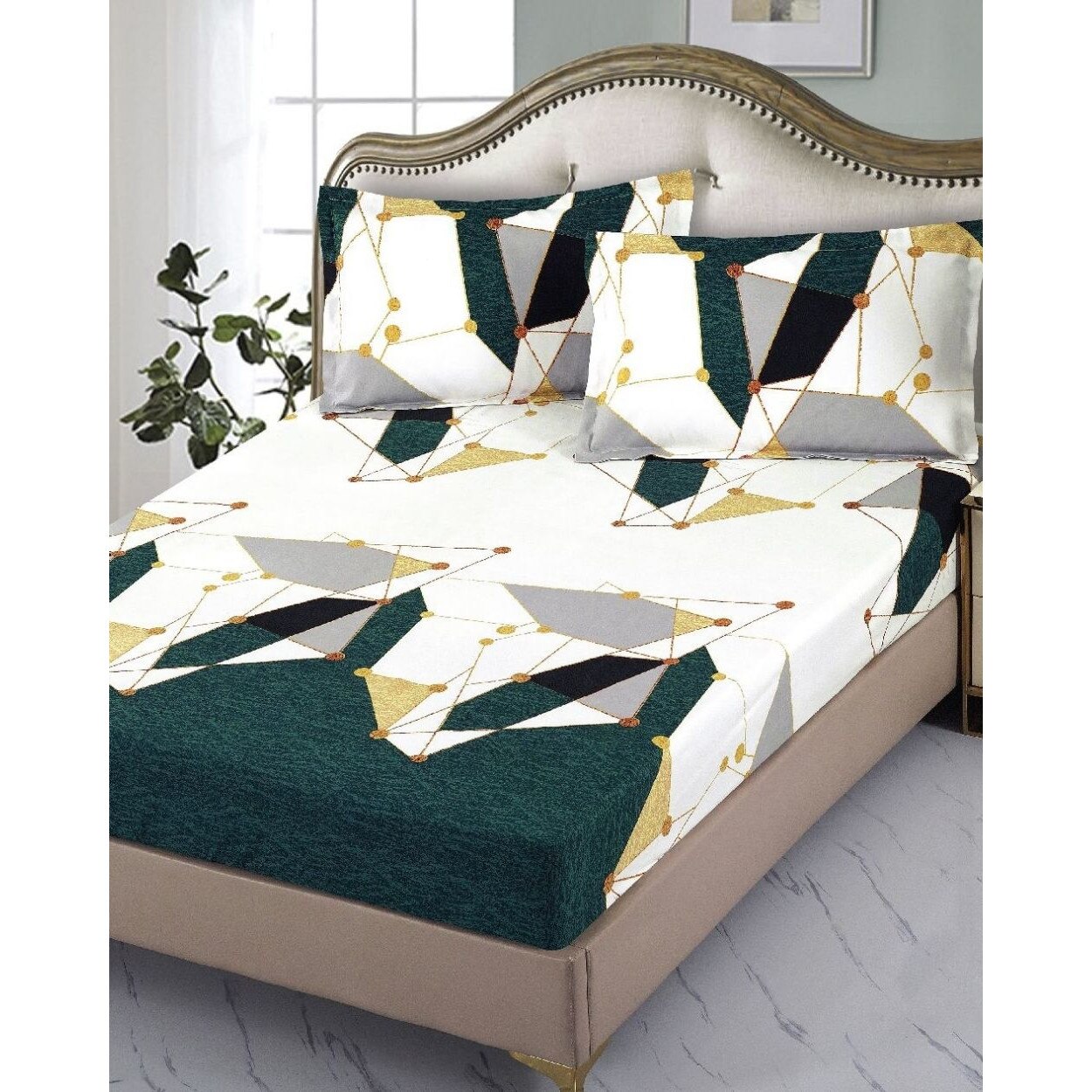 Husa de Pat cu Elastic si 2 Fete de Perne, Finet, Forme Geometrice, HBFE-01
