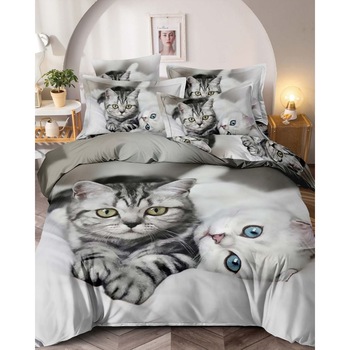 Set Lenjerie de Pat 3D din Finet Superior, 6 Piese, Pat 2 Persoane, Pisoi Alb/Gri, FNJS-24 Set Lenjerie de Pat 3D din Finet Superior, 6 Piese, Pat 2 Persoane, Pisoi Alb/Gri, FNJS-24