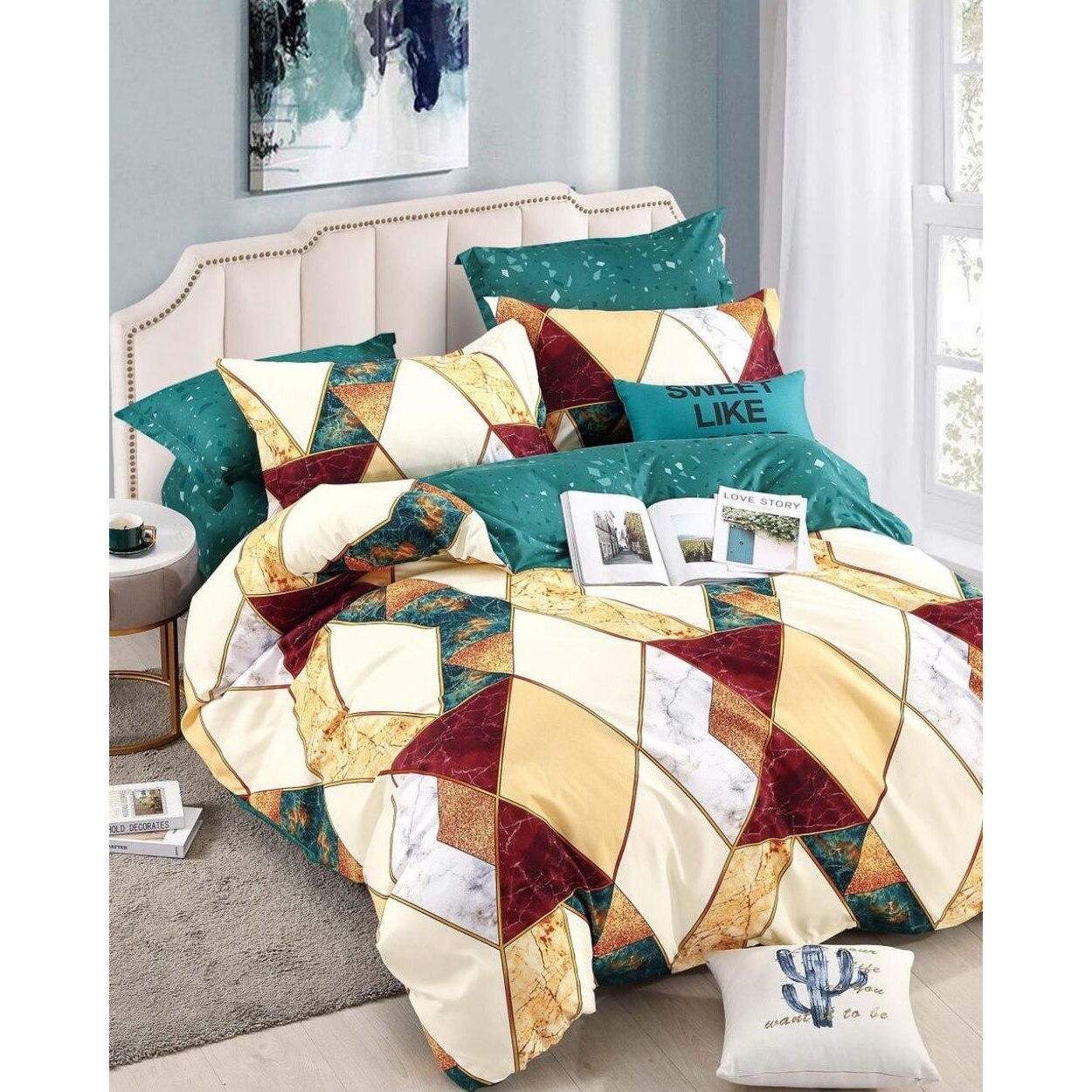 Set Lenjerie Finet, Cearceaf de Pat cu Elastic, 6 Piese, Pat 2 Persoane, Triunghiuri, FNJE-42