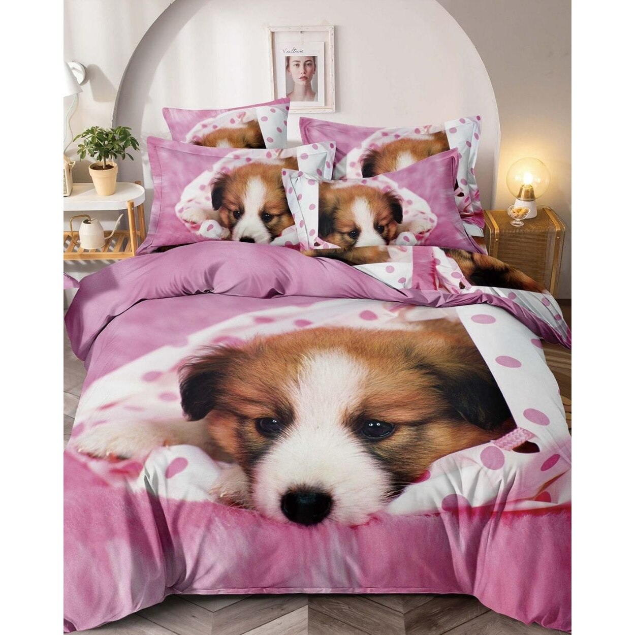 Set Lenjerie de Pat 3D din Finet Superior, 6 Piese, Pat 2 Persoane, Catel Roz, FNJS-25