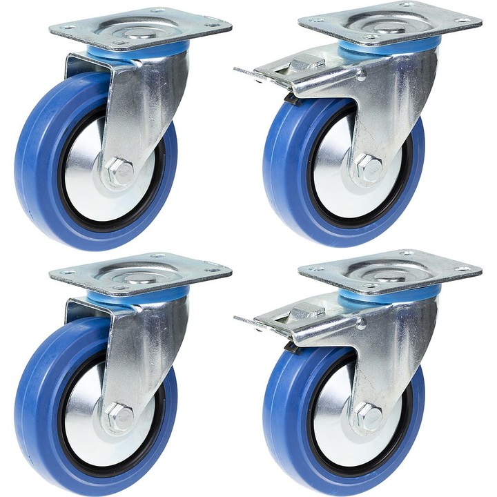 OEM gumikerék készlet, 4 db, 2 forgó / 2 forgó fékkel, nylon középső, görgős csapágy, 800 kg, 125 mm, kék / ezüst