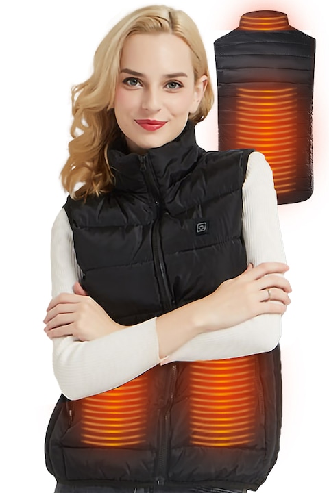 Dollcini, elegáns fűthető női mellény, téli mellény, USB fűtési rendszerrel, Szélálló elektromos szigetelt kabát, Fekete