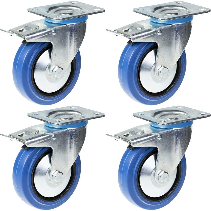Set 4 roti pivotante cu frana din cauciuc, Centru din nylon, Rulment cu role, 800 kg, 125 mm, Albastru/Argintiu