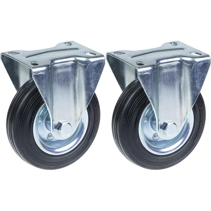 Set 2 roti fixe din cauciuc, Centru de rulment din otel, 240 kg, 125 mm, Argintiu/Negru