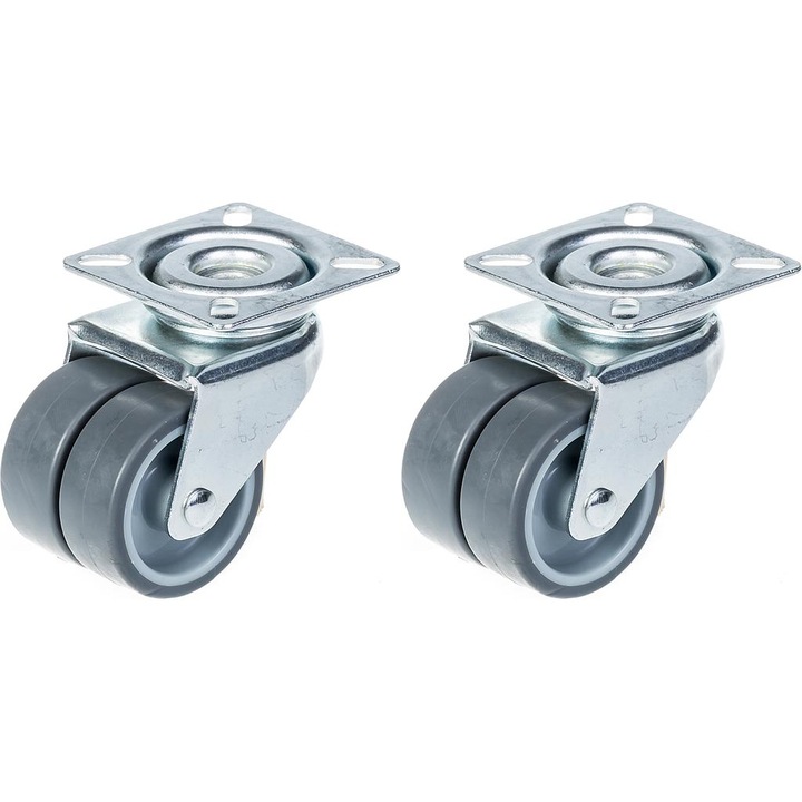 Set de doua roti duble ( 50mm 2) cauciuc gri pivotant, capacitate 140 kg, materiale rezistente