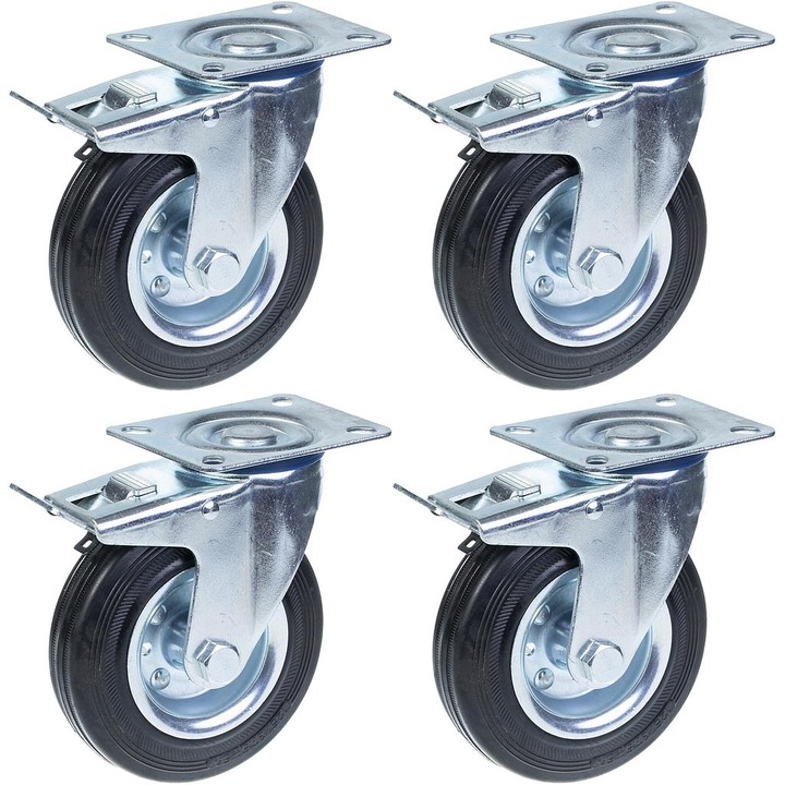 Set 4 roti pivotante din cauciuc, Centru de rulment din otel, 480 kg, 125 mm, Argintiu/Negru