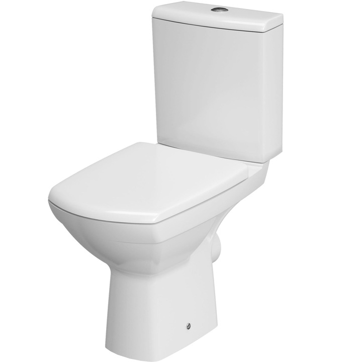 Комплект тоалетна чиния Cersanit Viva CleanON 745 010, Резервоар 3/5 л, Капак за тоалетна чиния Duroplast, Бавно затваряне, Хоризонтално оттичане, Бял