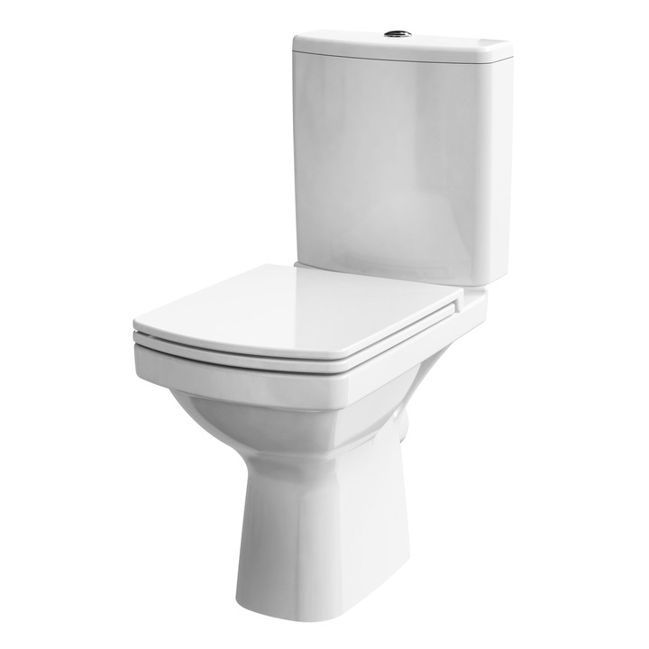 Комплект тоалетна чиния Cersanit Easy CleanON 777 010, Резервоар 3/5 л, Капак за тоалетна чиния Duroplast, Бавно затваряне, Хоризонтално оттичане, Бял