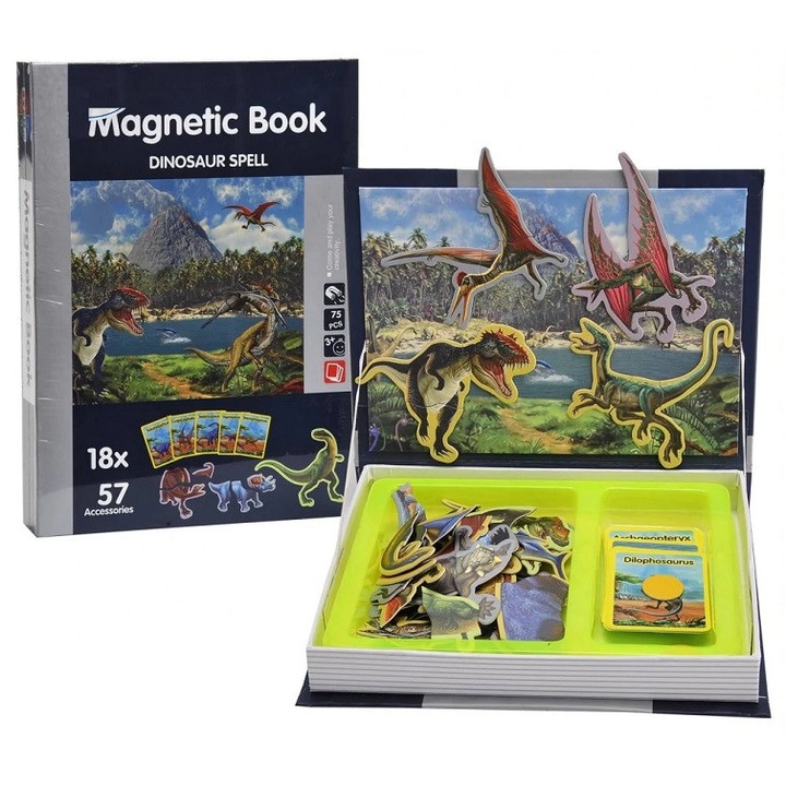 Oktatójáték Dinosaur Spell mágneses könyv, 75 db, Szára, + 3 év
