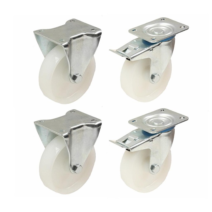 Set 4 role din nylon, 680 kg, 125 mm, Alb/Argintiu