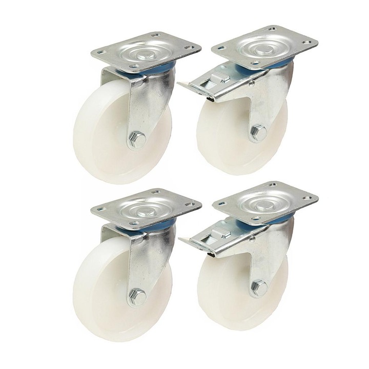 Set 4 role din nylon, 680 kg, 125 mm, Alb/Argintiu