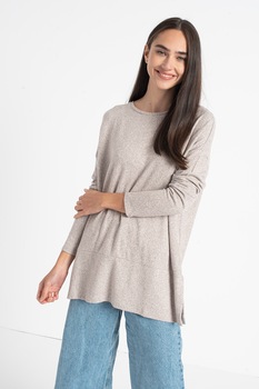 United Colors of Benetton, Bluza sport relaxed fit cu slituri laterale, Maro taupe deschis/Alb