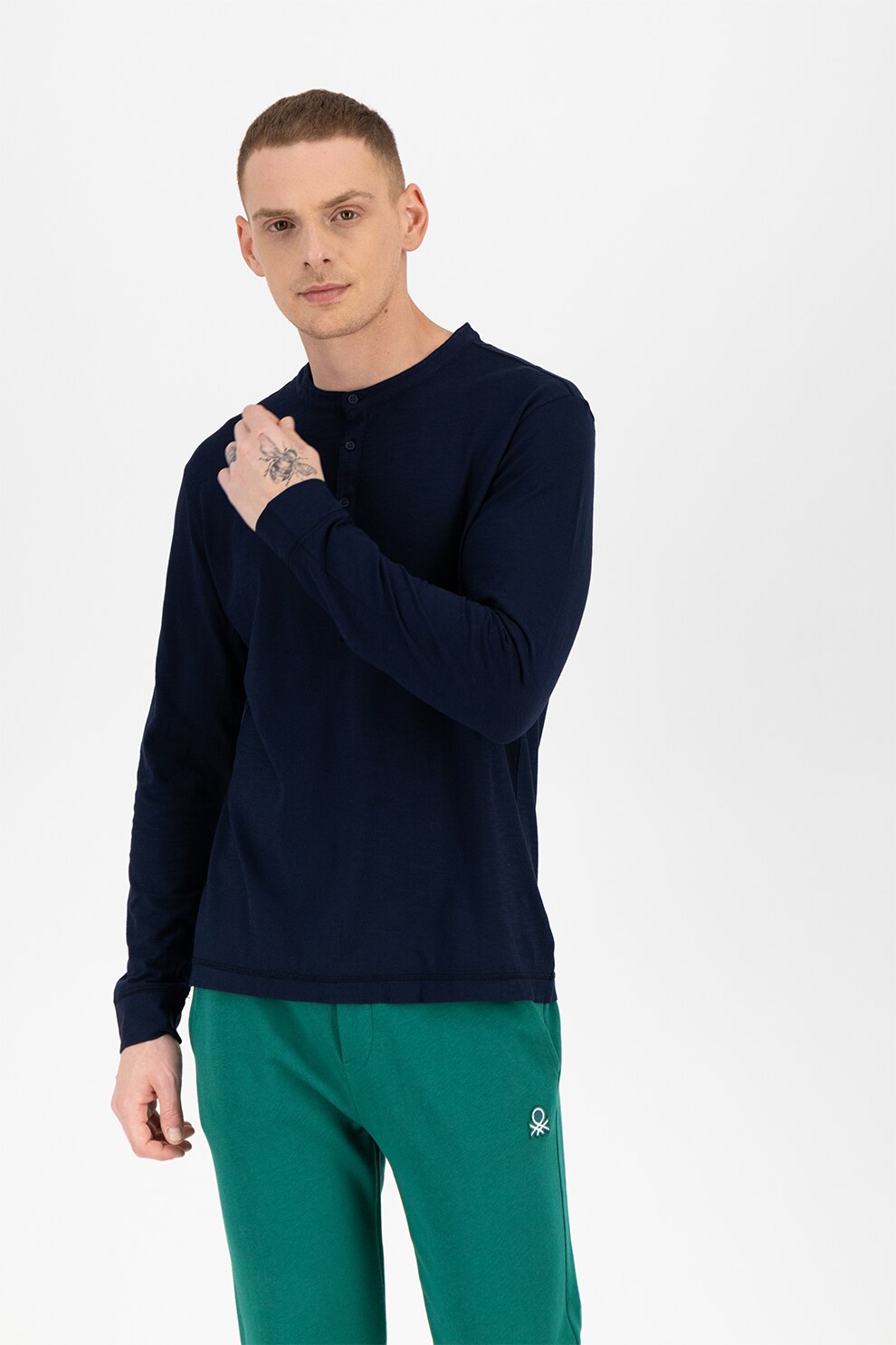 United Colors of Benetton, Bluza din bumbac cu guler Henley, Bleumarin