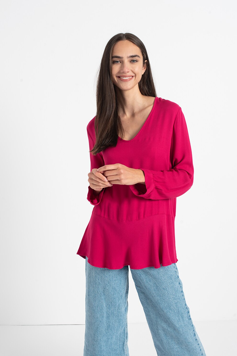 United Colors of Benetton, Bluza din viscoza cu decolteu in V, Roz aprins