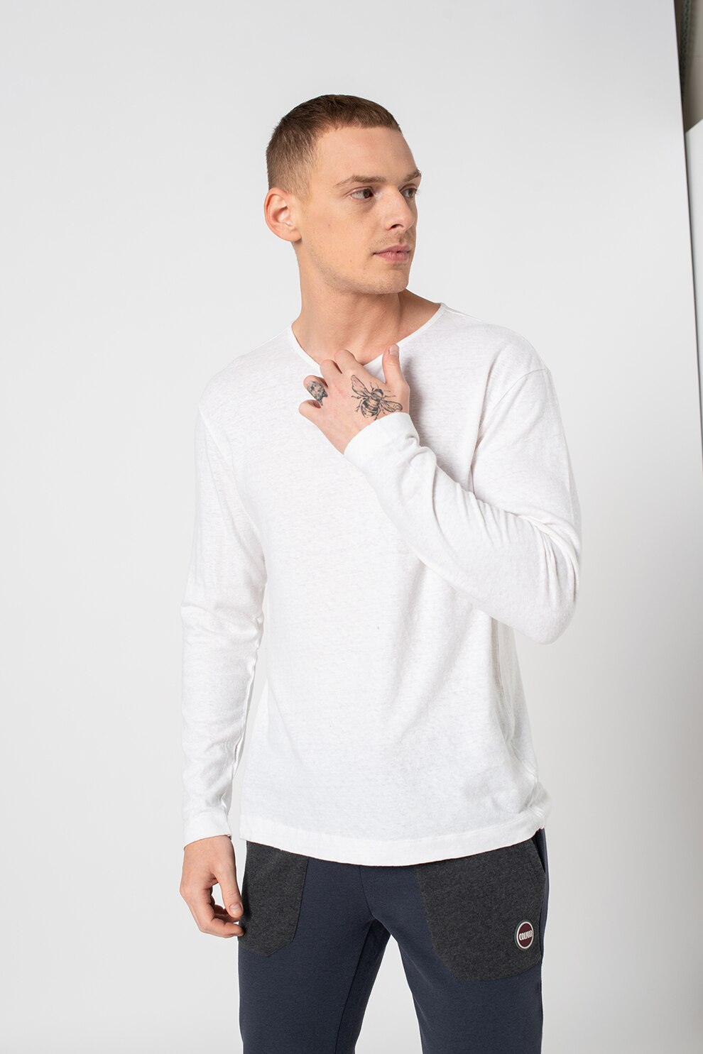 United Colors of Benetton, Bluza de in si bumbac cu guler henley, Alb