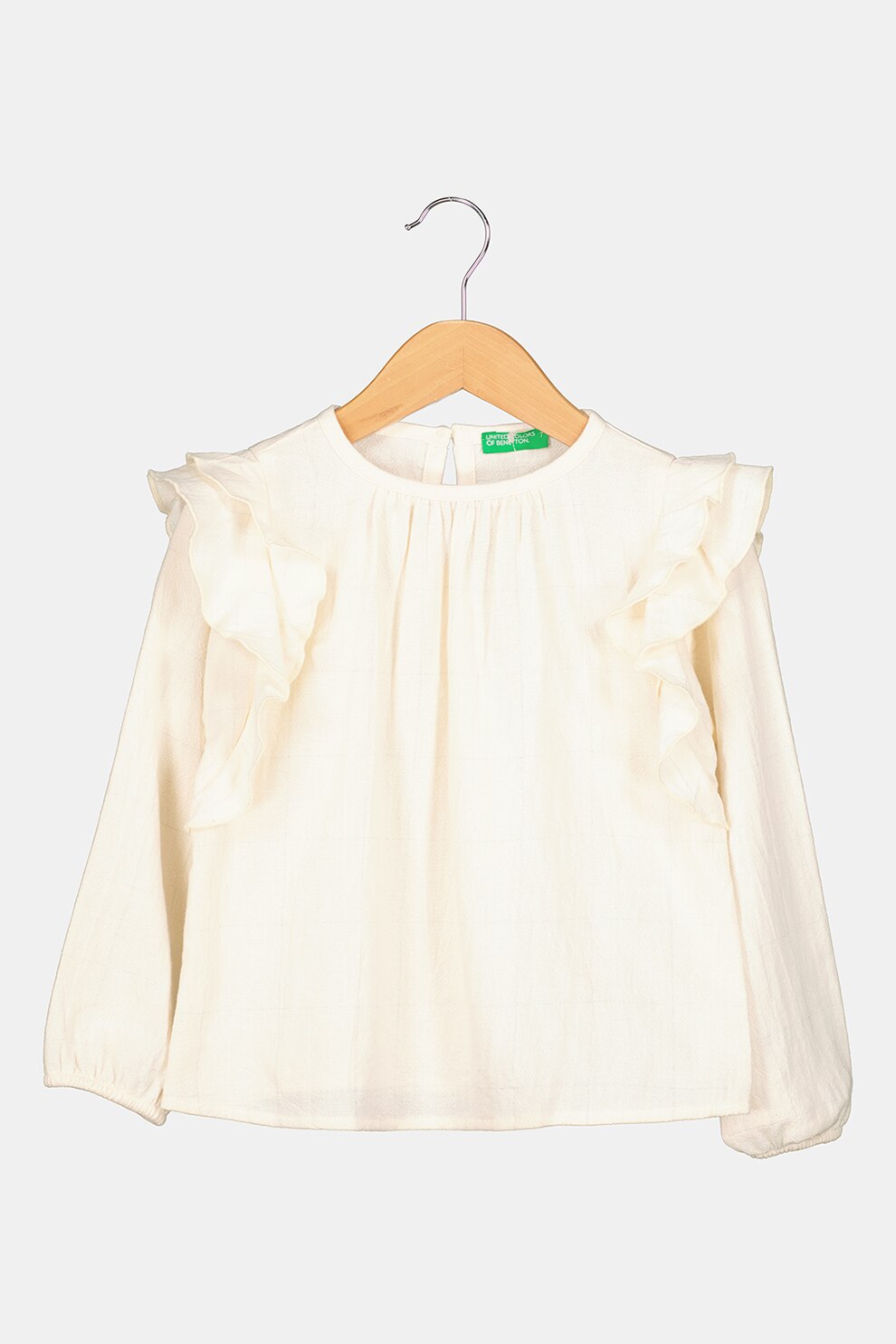 United Colors of Benetton, Bluza din amestec de bumbac cu volane, Alb prafuit