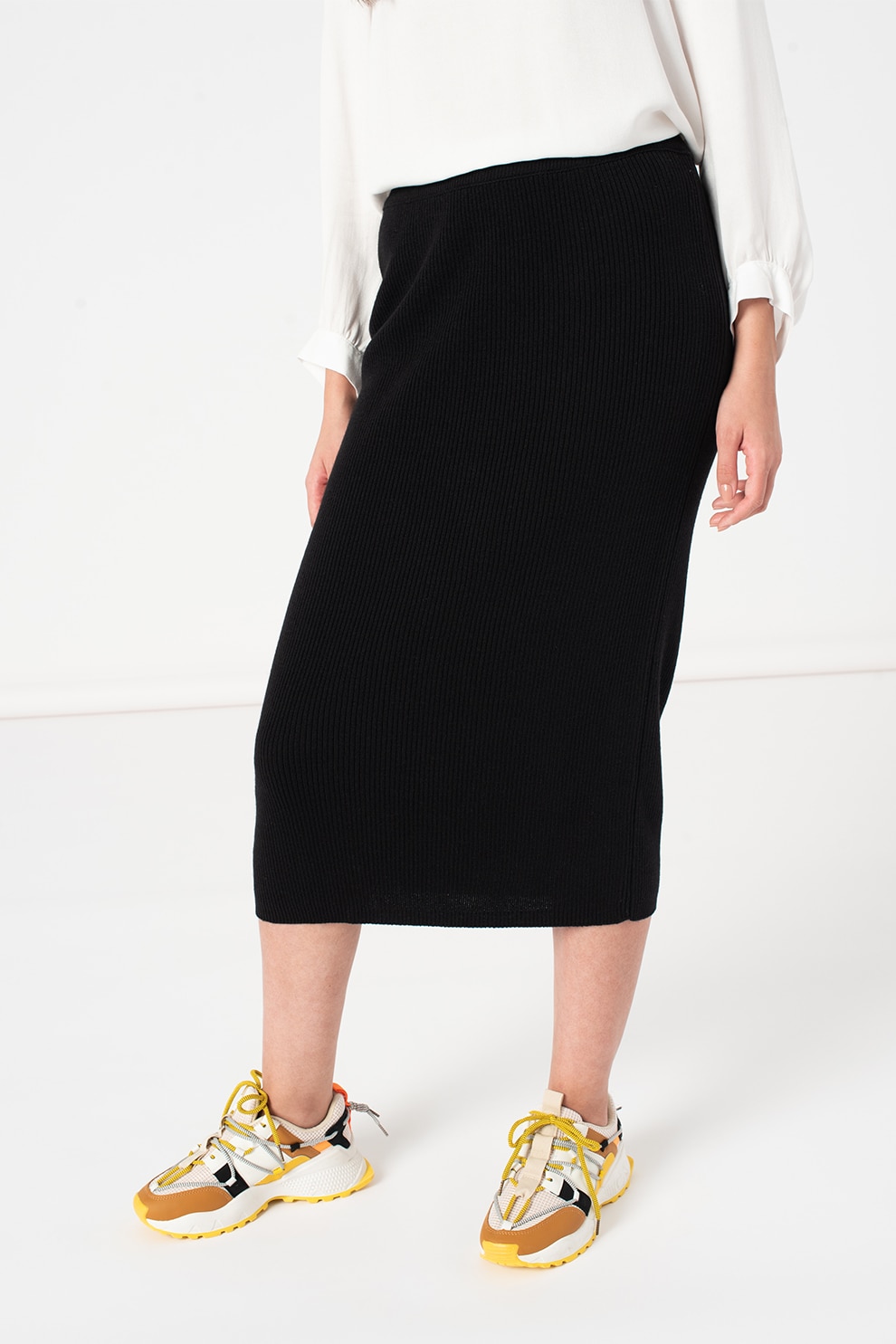 United Colors of Benetton, Fusta midi din amestec de lana cu talie inalta, Negru, L