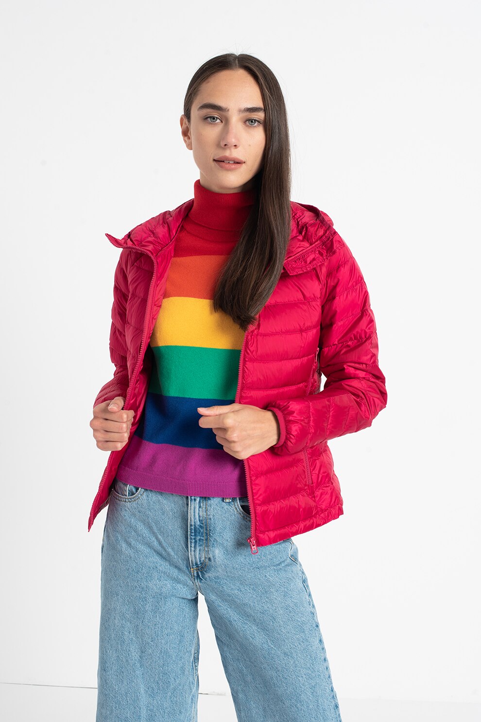 United Colors of Benetton, Geaca cu umplutura de puf si gluga, Fucsia