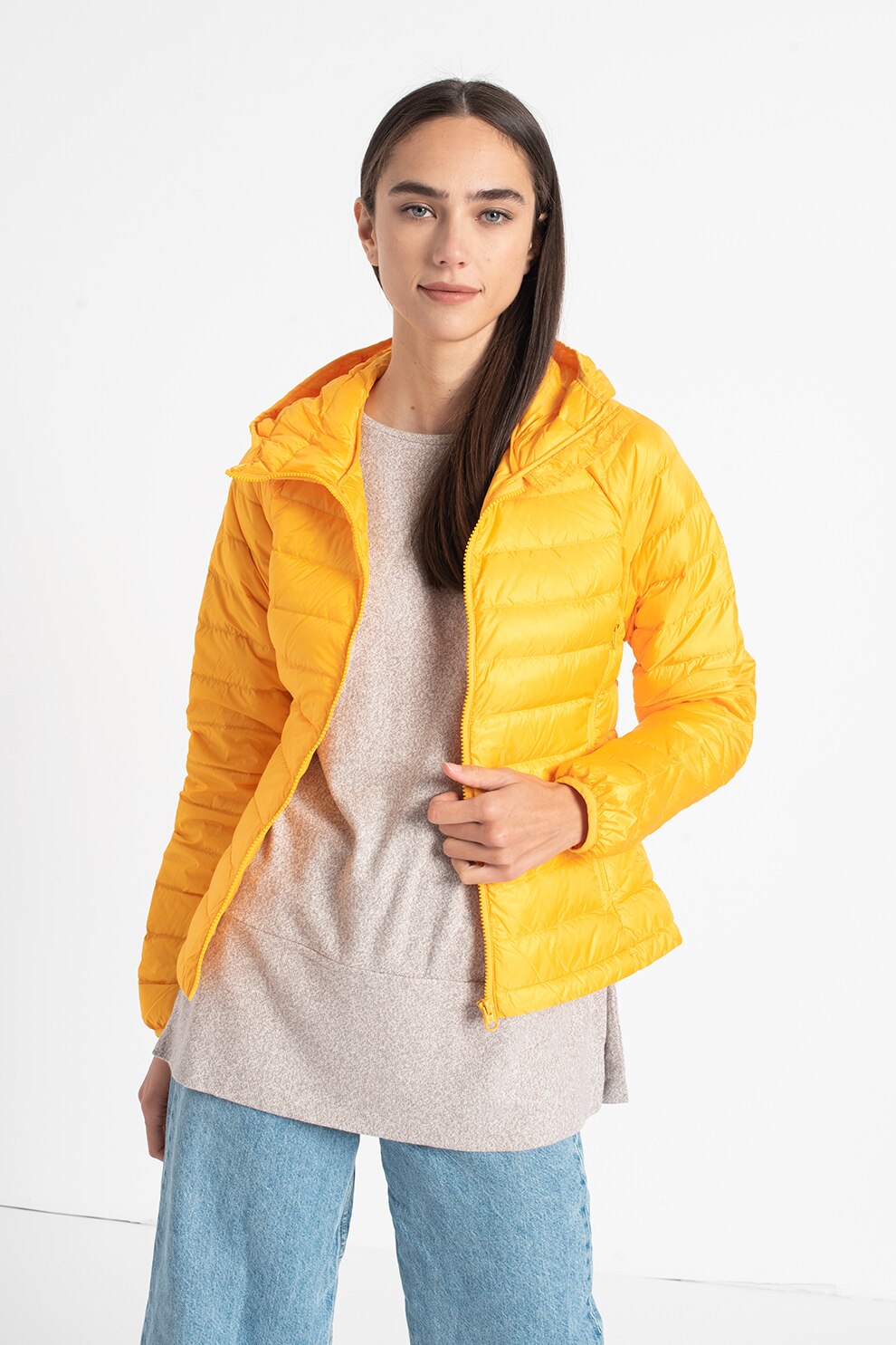 United Colors of Benetton, Geaca cu umplutura de puf si gluga, Galben