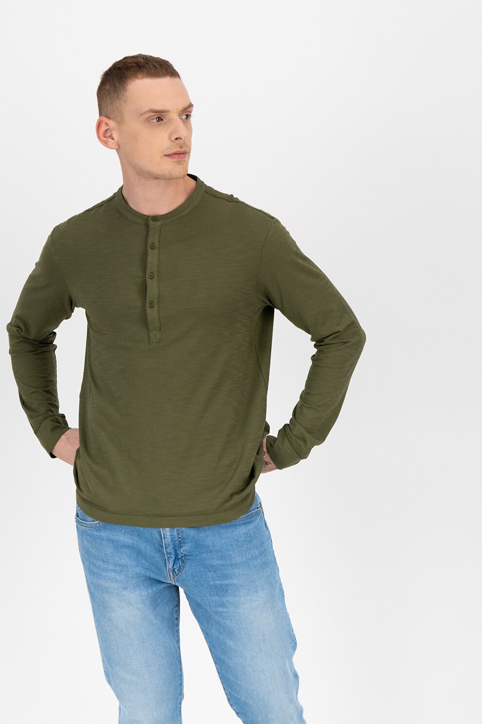 United Colors of Benetton, Bluza din bumbac cu guler Henley, Verde feriga