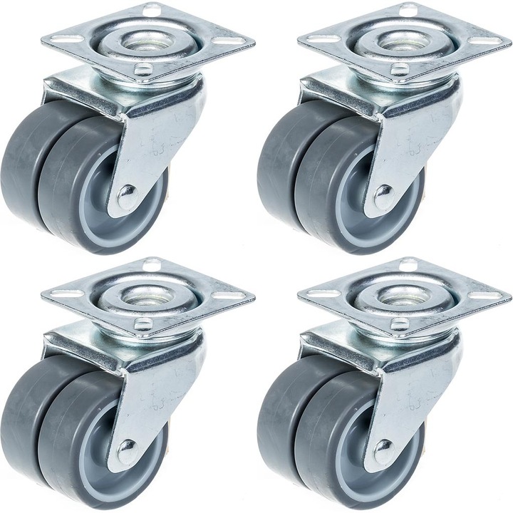 Set de 4 roti duble ( 50mm 2") cauciuc gri, capacitate 280 kg,